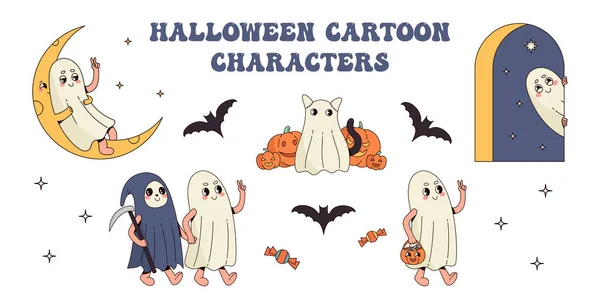 Conjunto Personagens Bonitos Desenhos Animados Halloween Holiday Fantasmas Clipart Vetorial — Vetor de Stock