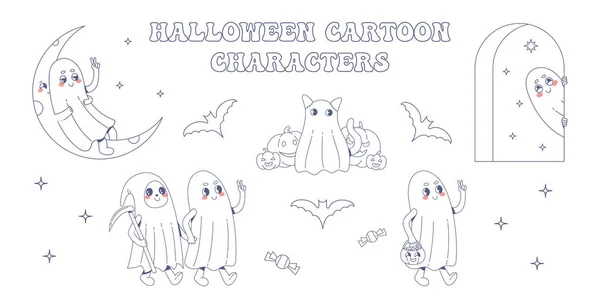 かわいいハロウィーンの休日の漫画のキャラクターのセット レトロ漫画スタイルのベクトルクリップ — ストックベクタ