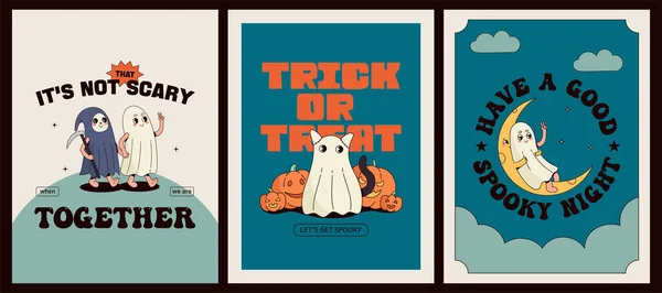 ハロウィンパーティー招待状のベクトルセット ポスターやグリーティングカード レトロな漫画スタイルでかわいい幽霊が孤立 — ストックベクタ
