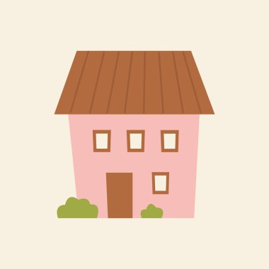 Küçük pembe bir ev ve düz bir çalı. Beyaz arkaplanda el çizimi trend vektör çizimi izole.