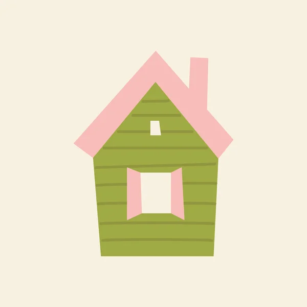 Plochý Zelený Vektor Ilustrace Malého Domku Růžovou Střechou Izolované Bílém — Stockový vektor