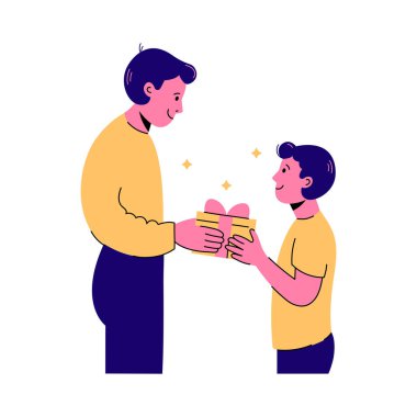 Baba, neşeli oğluna hediye veriyor. Beyaz arkaplanda çizgi darbeleri olan düz vektör çizimi. Hediye verme ya da tatil kutlaması..