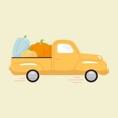 Fall Vintage Truck with Pumpkins Vector Cartoon Illustration. Sebze dolu bir Retro kamyonet. Sonbahar çizimi.