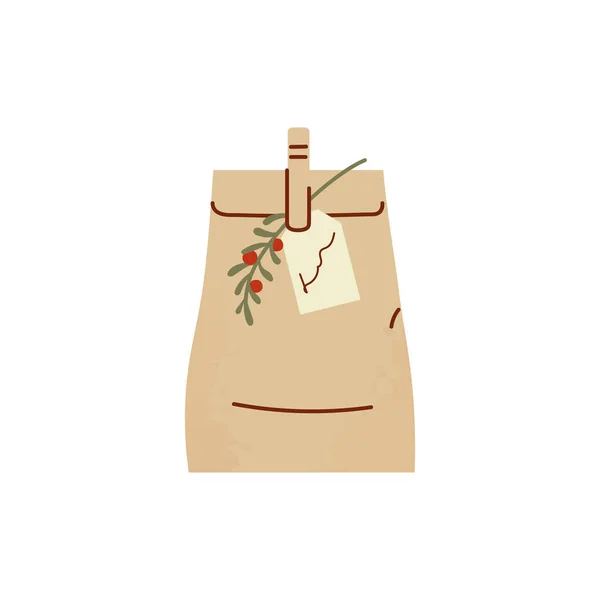 Cute Vector Illustration Gift Present Craft Paper Bag Leaves Berries — Stock Vector