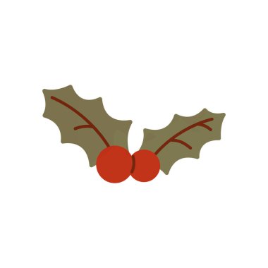 Yılbaşı kartları ya da Clipart için basit yaban mersini vektör çizimi. Beyaz arka planda yeşil yapraklı düz kırmızı kızılcık..