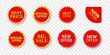 Beyaz arkaplanda izole edilmiş kırmızı etiketlerin koleksiyonu