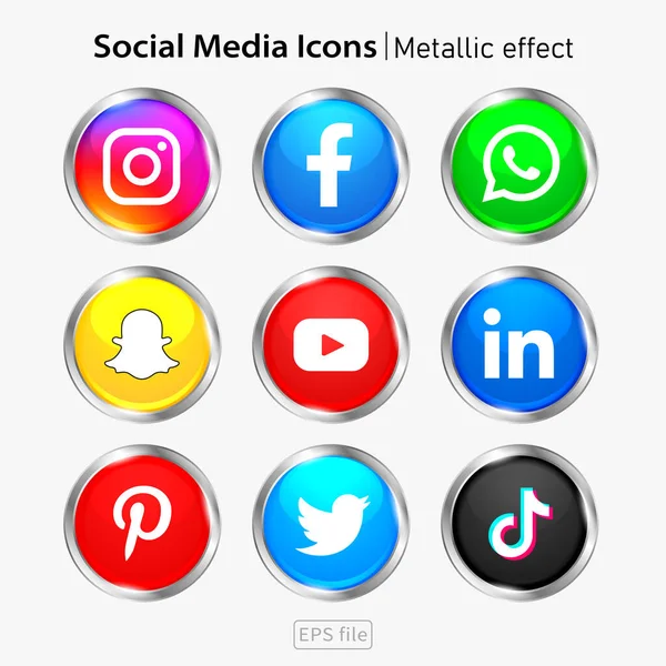 Popular Social Media Oscuro Iconos Metálico Efecto Conjunto — Vector de stock