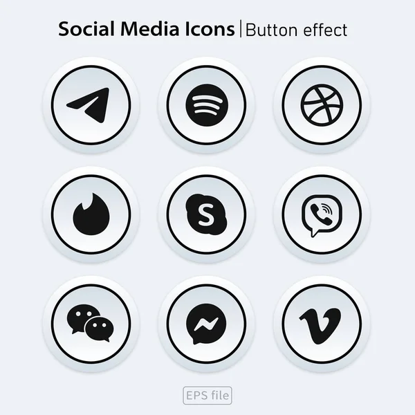 Popular Redes Sociales Blanco Iconos Botón Efecto Conjunto — Vector de stock