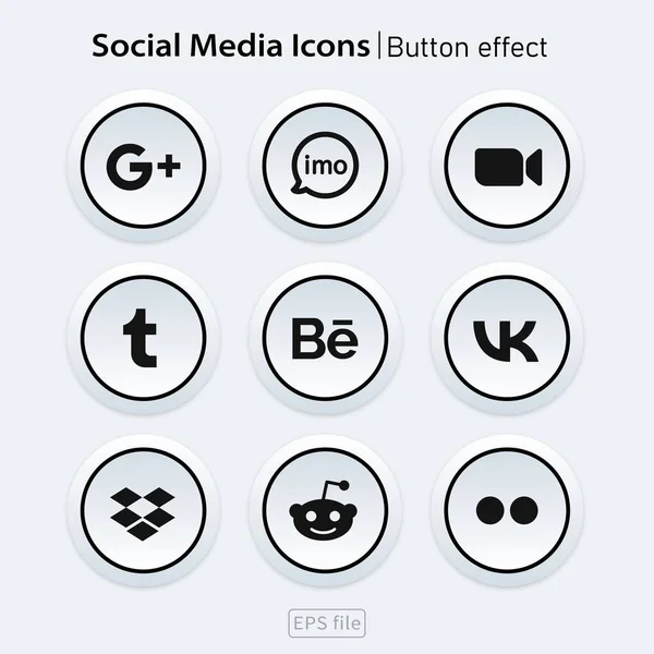Popular Redes Sociales Blanco Iconos Botón Efecto Conjunto — Vector de stock