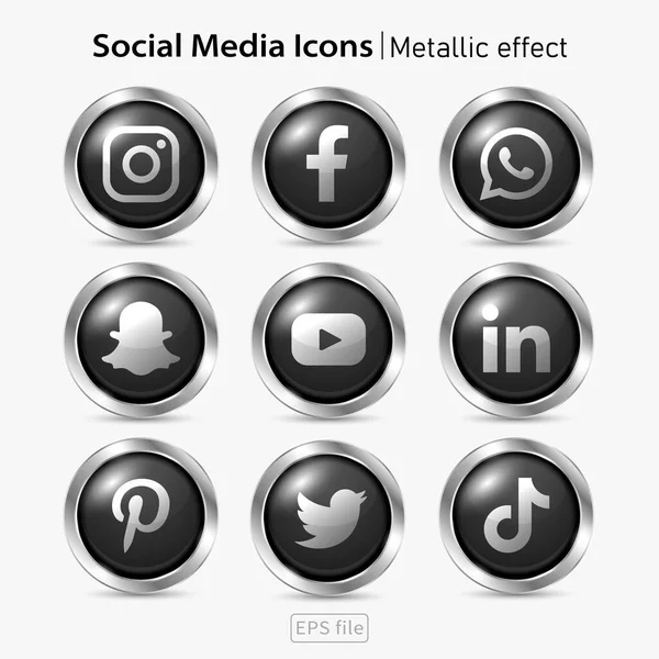 Popular Social Media Oscuro Iconos Metálico Efecto Conjunto — Vector de stock