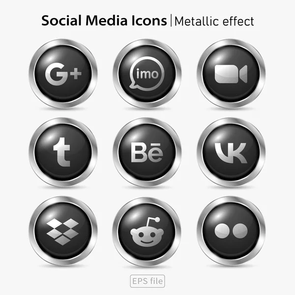 Popular Social Media Oscuro Iconos Metálico Efecto Conjunto — Vector de stock