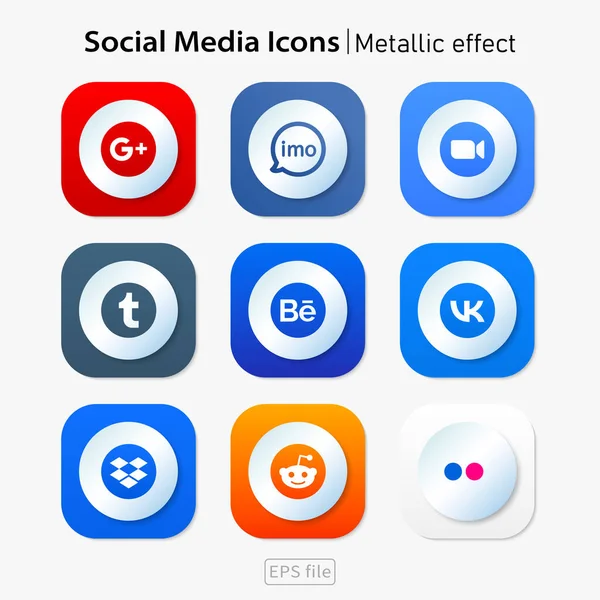 Populära Sociala Medier Färgglada Ikoner Metallisk Effekt Som Stockvektor