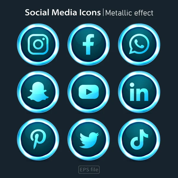 Popular Redes Sociales Brillantes Iconos Conjunto Efectos Metálicos — Vector de stock