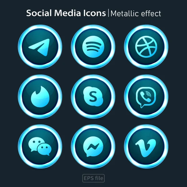 Popular Redes Sociales Brillantes Iconos Conjunto Efectos Metálicos — Vector de stock