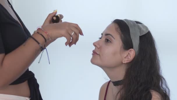 Artista de maquillaje Aplica Make Uo Powder On The Models Face con un pincel. - de cerca — Vídeo de stock