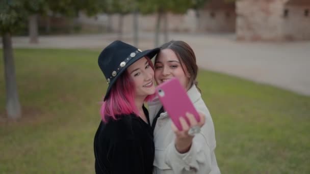 Beautiful make-up friends taking selfies with smartphone on the park — Wideo stockowe