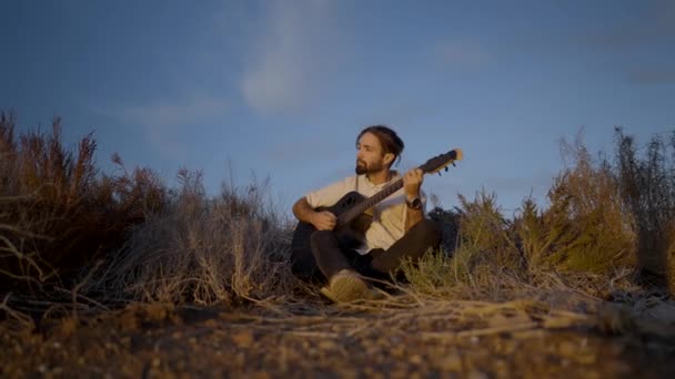 Homme hipster barbu pensif assis dans la prairie jouant de la guitare contre le ciel bleu - angle bas — Video