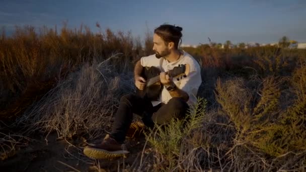 Homme espagnol barbu assis dans un champ herbeux jouant de la guitare acoustique au coucher du soleil ayant une expression faciale réfléchie — Video