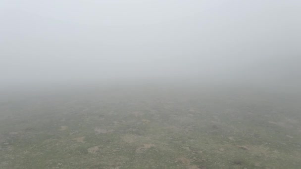 Mouvement aérien vers l'arrière tourné sur le lac Ayous avec brouillard planant et fumée avec vue sur une tente sur la rive du lac entourée de montagnes. — Video