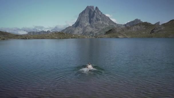 Zicht op een jonge dame die het meer uitstapt Ayous na een bad in het ongerepte blauwe meer op een zonnige ochtend in de Pyreneeën in Frankrijk. — Stockvideo