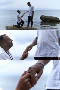 Eşcinsel eşine denizde evlenme teklif eden bir adamın fotoğrafları.