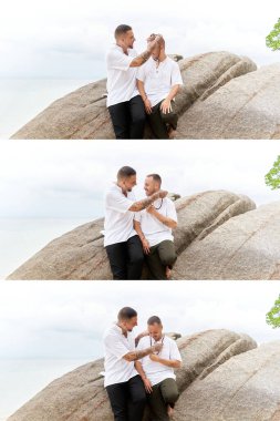 Sahilde eşcinsel ortağına kolye takan bir adamın üç parçalı fotoğrafı.