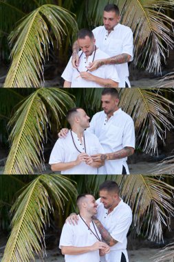 Palmiye ağacının yanında kolye takan eşcinsel bir çiftin üç kare fotoğrafı.
