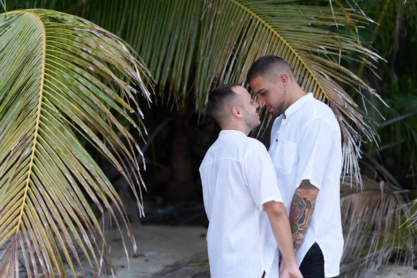 Gay casal de mãos dadas e olhando para o outro ternamente e de perto — Fotografia de Stock