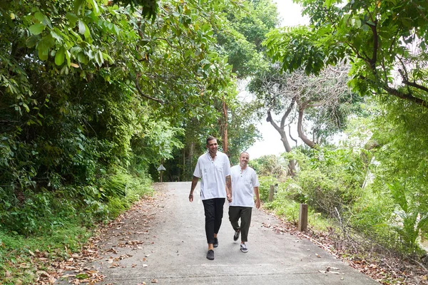 Gay couple holding hands while walking along a path surrounded by trees — Stock Photo, Image