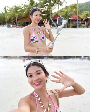 Sahilden canlı yayın yapan bir flamanın iki kare fotoğrafı.