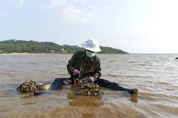 Phangan Thailand March 2022 Aged Woman Sitting Water Sea Searching — Stock Photo, Image