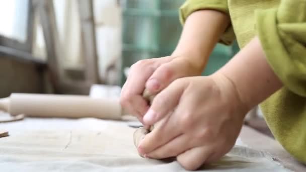 Female Ceramist Working Pottery Studio Ceramist Hands Dirty Clay Process — Stock Video