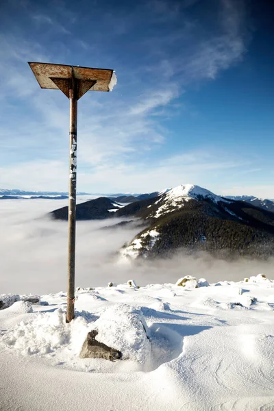 Sea Fog Winter Mountains Sunny Day Snow Covered Carpathian Mountains — Zdjęcie stockowe