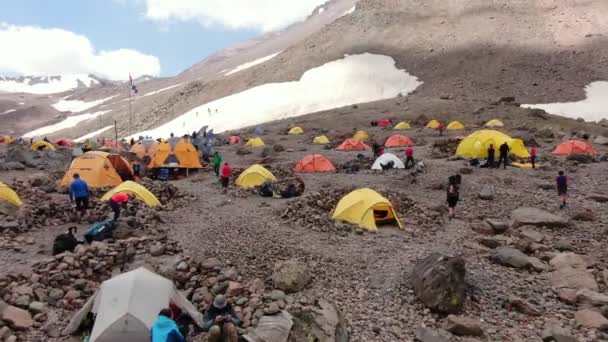 Aerial View Tents Climbers Assault Camp Mount Kazbek North Caucasus — Wideo stockowe
