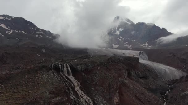 Drone Shot Glacier Waterfall Mount Kazbek Stepantsminda Kazbegi Georgia Camera — Video Stock