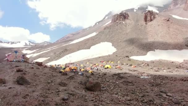 Aerial View Tents Climbers Assault Camp Mount Kazbek North Caucasus — Stock Video
