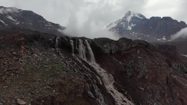 Drone Shot Glacier Waterfall Mount Kazbek Stepantsminda Kazbegi Georgia Camera — ストック動画