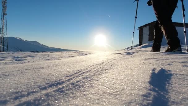Sunny Day Winter Mountains People Walk Snow Carpathians Borzhava — Video Stock