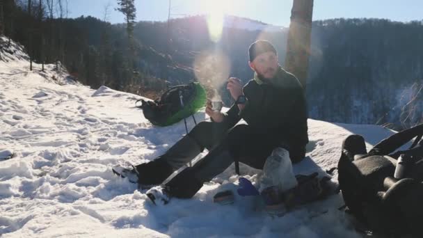 Young Man Drinking Tea Winter Mountains Sunny Day Carpathians Borzhava — стокове відео