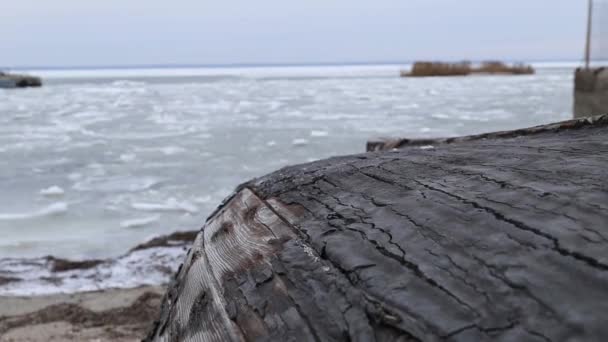 Zmrzlé Azovské Moře Winter Bilosarayův Cop Rybářské Lodě — Stock video