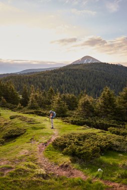 Baharda Ukrayna Karpatları 'nın güzel manzarası. Gün doğumu. Dağlarda yürüyüş yapan askeri bir adam. Chornohora manzarası. Ukrayna 'da Barış