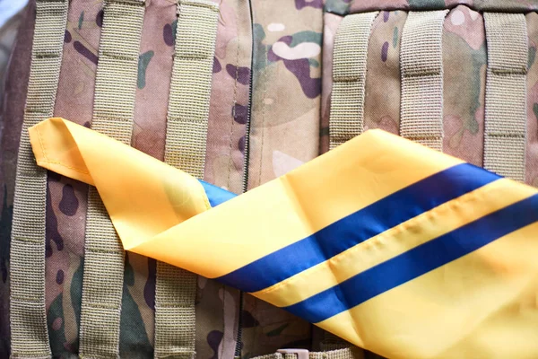 Fuerzas Armadas Ucrania Botas Soldado Ucraniano Mochila Bandera Bandera Ucrania — Foto de Stock