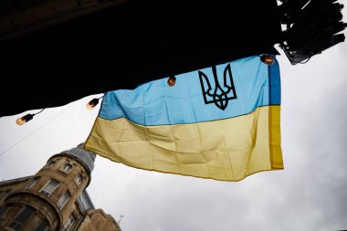 Şehir binasında Ukrayna bayrağı. Savaş sırasında Lviv