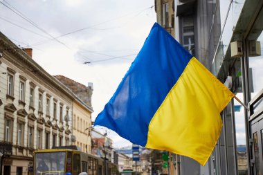 Şehir binasında Ukrayna bayrağı. Savaş sırasında Lviv