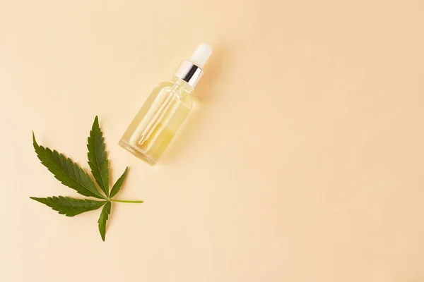 大麻精油 含大麻绿叶大麻的水滴瓶中的Cbd油提取物 医用大麻 草药植物 案文的篇幅 — 图库照片