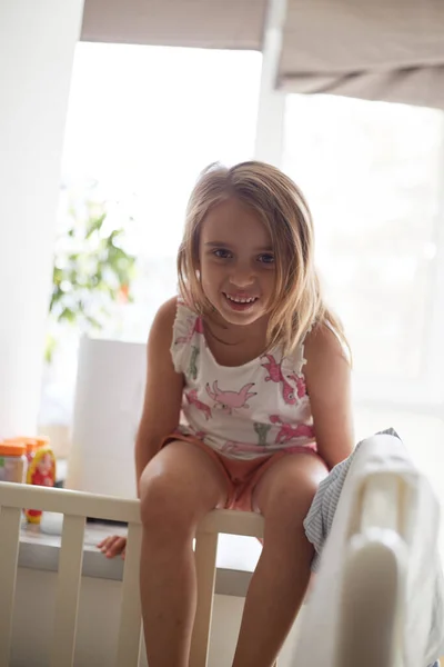 Funny Girl Laughs Having Fun Children Room Happy Child Plays — Foto Stock