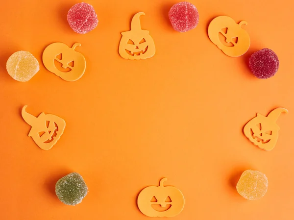 Halloween Decorations Pumpkins Candy Orange Background Halloween Party Greeting Card — Stock Photo, Image