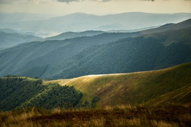 Spot of sunlight on mountain range. Carpathian Mountain, Ukraine. Walking and hiking trails in Borzhava ridge. Rural area of carpathian mountains in autumn