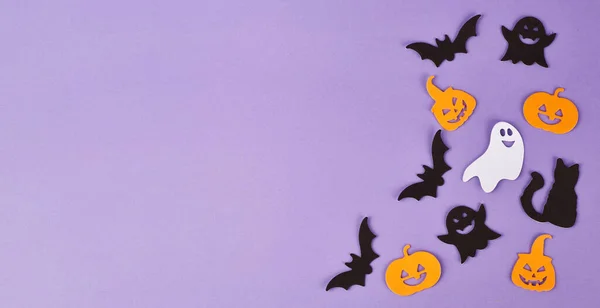 Halloween Decorations Pumpkins Violet Background Halloween Party Greeting Card Copy — Stock Photo, Image