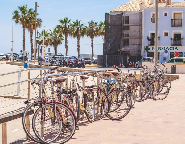 Bicycle parking in a town on the sea coast. High quality photo